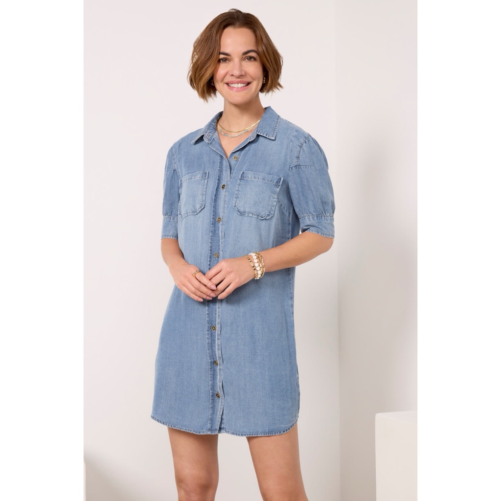 Kut From The Kloth Sylvia Button Down Dress 100% Lyocell Denim Puff Sleeve Blue